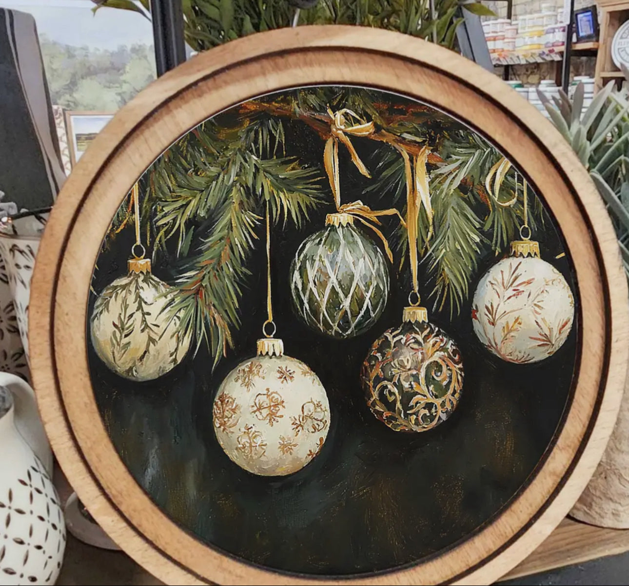 Round Christmas Ornaments with Dark Green, White, and Gold Color Wooden Art