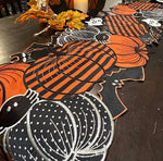 Load image into Gallery viewer, Halloween Orange &amp; Black Table Runner 36” Pumpkins, Bats, Spiders Black Cat Pattern
