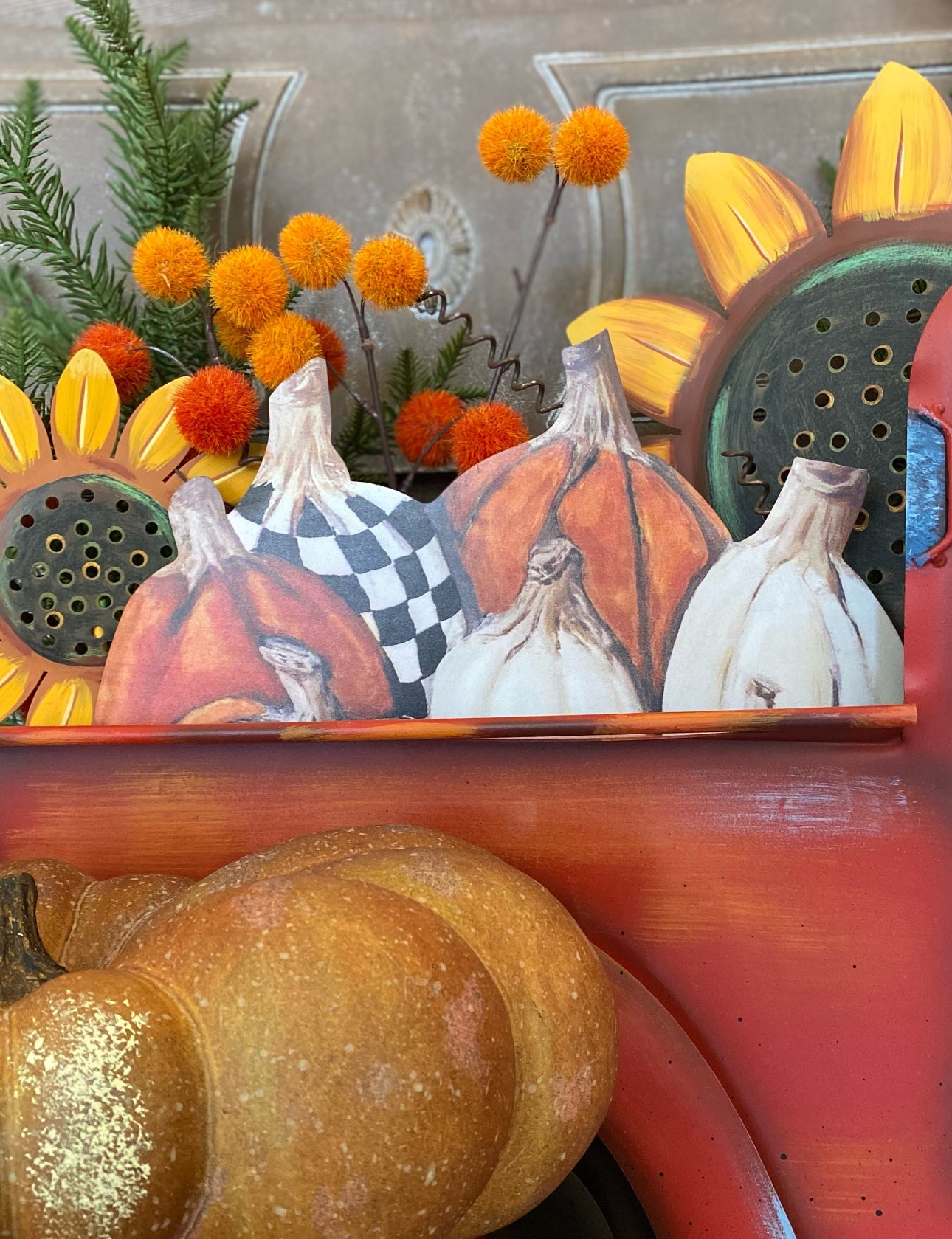 Pile of Orange/White Pumpkins with Black & White Check Pumpkin Metal Stake and Easel