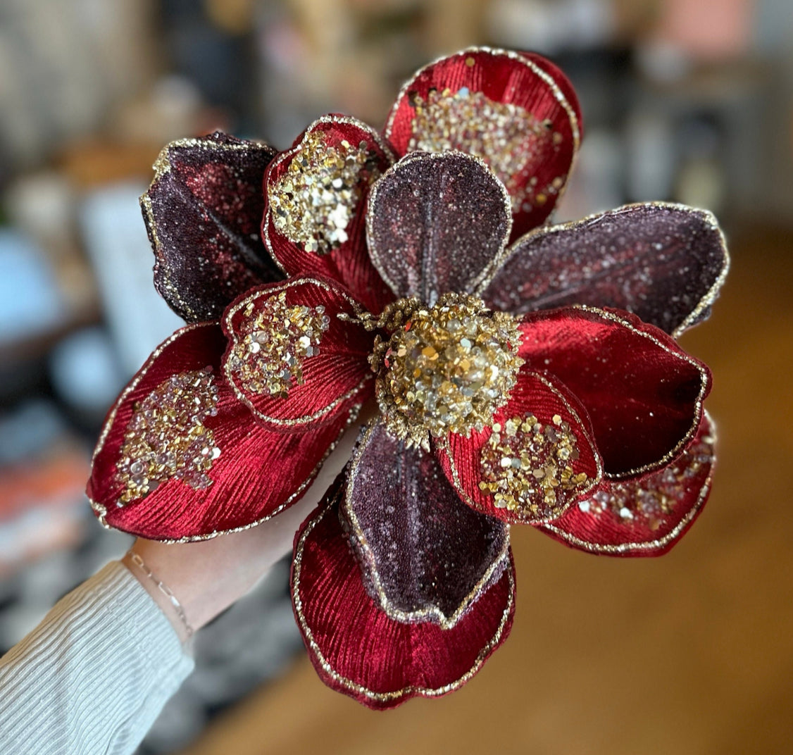 Glam Burgundy/Plum Velvet Magnolia with Gold Sequins Pack of 3