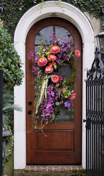 Load image into Gallery viewer, Natural Moss Floral Wreath Pink and Orange Ranunculus, Purple Stems, Green Moss
