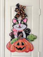 Load image into Gallery viewer, New! Black Cat on Jack-o-lantern Pumpkin Door Hanger
