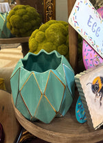 Load image into Gallery viewer, Aqua and Gold Geometric Ceramic Vase Container
