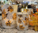 Load image into Gallery viewer, Autumn Nights Set of 3 Frosted LED Candles Gold Leaf Pattern
