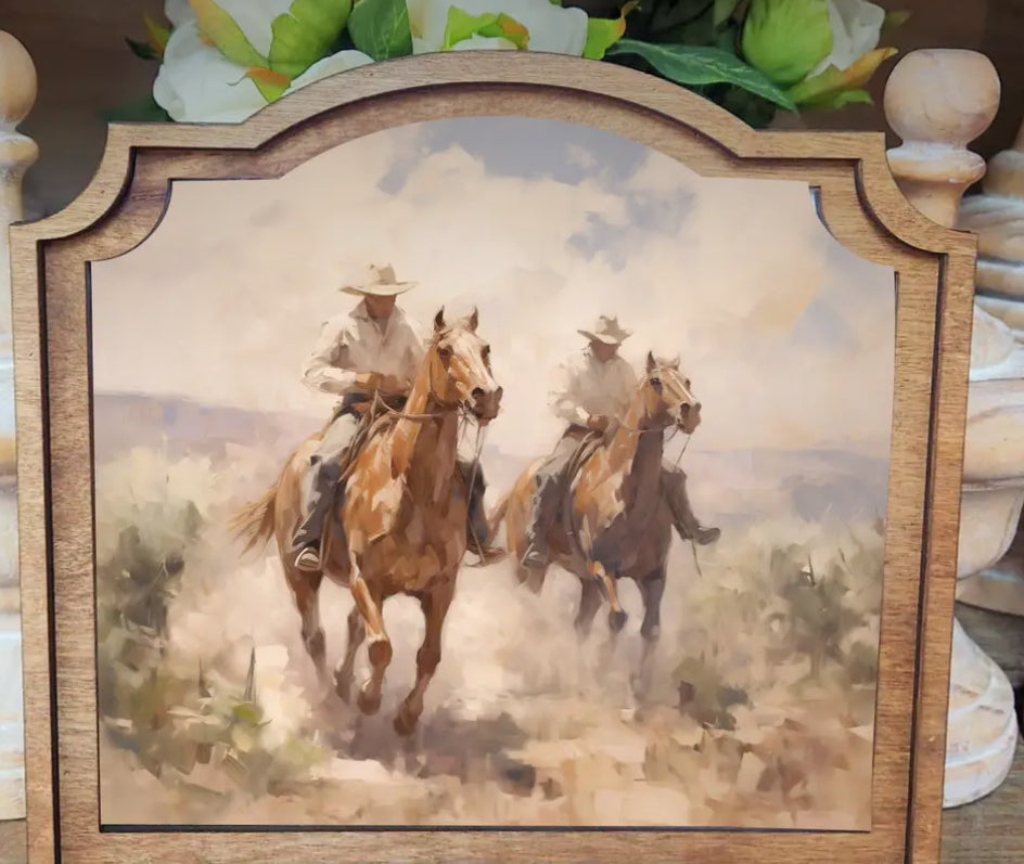 Cowboys Riding Western Art Large Design with Wood Frame 9”x10”