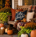 Load image into Gallery viewer, Fall Black Be Grateful Pumpkins and Sunflowers Outdoor Pillow with Tan Backside
