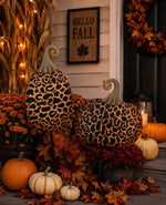 Load image into Gallery viewer, Set of 2 Medium Leopard Metal Stake Pumpkins Fall Pumpkins
