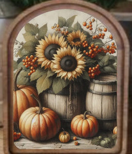 Fall Sunflowers and Pumpkins Wood Frame Picture Arch Top