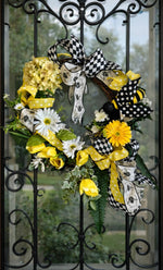 Load image into Gallery viewer, Yellow Bee Spring Door Wreath with Daisies, Hydrangea &amp; Designer Ribbon
