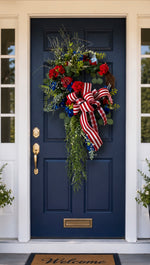 Load image into Gallery viewer, Americana: Geranium Wreath Red, White, Blue Stripe and Plaid Bow
