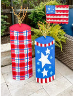 Load image into Gallery viewer, Americana: Blue Yard Stars &amp; Stripes Firecracker Metal Stake with Easel
