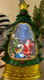 Load image into Gallery viewer, Musical 🎵Christmas Tree Snow Globe with Santa His List by the Christmas Tree
