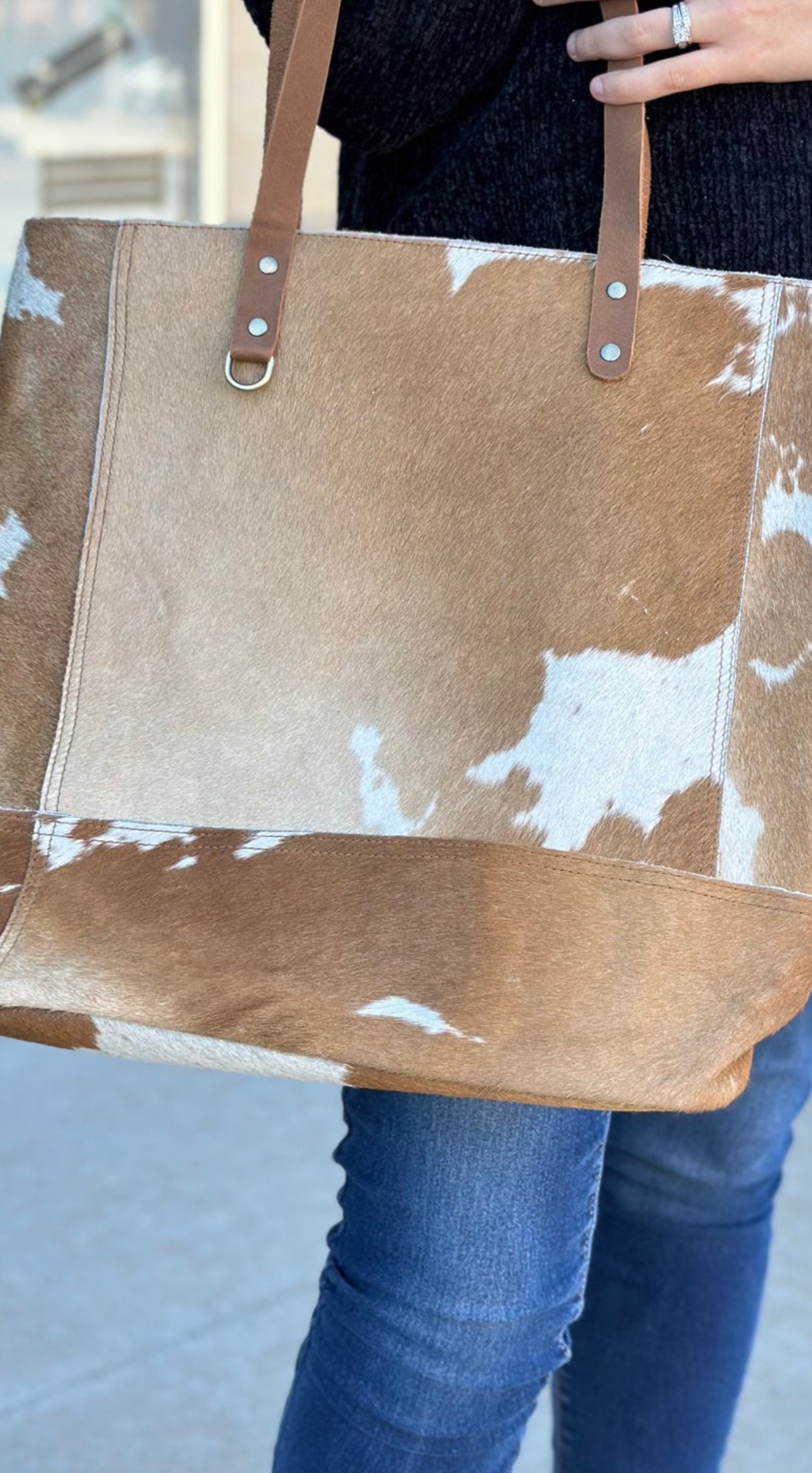 Cowhide and Leather Tote in Brown and White