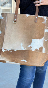 Cowhide and Leather Tote in Brown and White