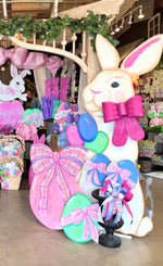 Load image into Gallery viewer, Huge White Rabbit with Hot Pink Bow Metal Stake Right Facing
