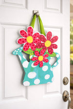 Load image into Gallery viewer, Polka Dot Watering Can with Flowers Door Décor Decorative Front Door Sign with Ribbon Hanger Studio M
