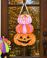 Load image into Gallery viewer, New! Fall Pink and Orange Whimsical Triple Pumpkin Stack Door Hanger

