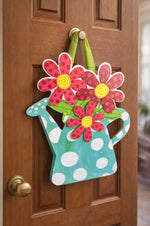 Load image into Gallery viewer, Polka Dot Watering Can with Flowers Door Décor Decorative Front Door Sign with Ribbon Hanger Studio M
