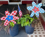 Load image into Gallery viewer, Americana: Set of 2 Red, White, and Blue Plaid Flower Metal Stake Sign
