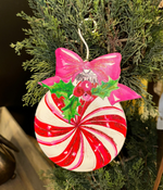Load image into Gallery viewer, Holly and Bow Red White Pepppermint Red, Pink, White Ornament
