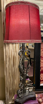 Load image into Gallery viewer, Red Shade Lamp with Black Acanthus Metal Leaf Lamp
