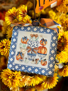 Blue and White Lattice with Pumpkins Fall Mini Print
