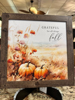 Load image into Gallery viewer, Grateful For All Things Fall Pumpkin Wood Framed Shimmering Picture 14”x14”
