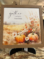 Load image into Gallery viewer, Gather and Give Thanks Fall Pumpkin Wood Framed Picture 18”x18”
