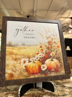 Load image into Gallery viewer, Gather and Give Thanks Fall Pumpkin Wood Framed Picture 18”x18” Rustic Frame
