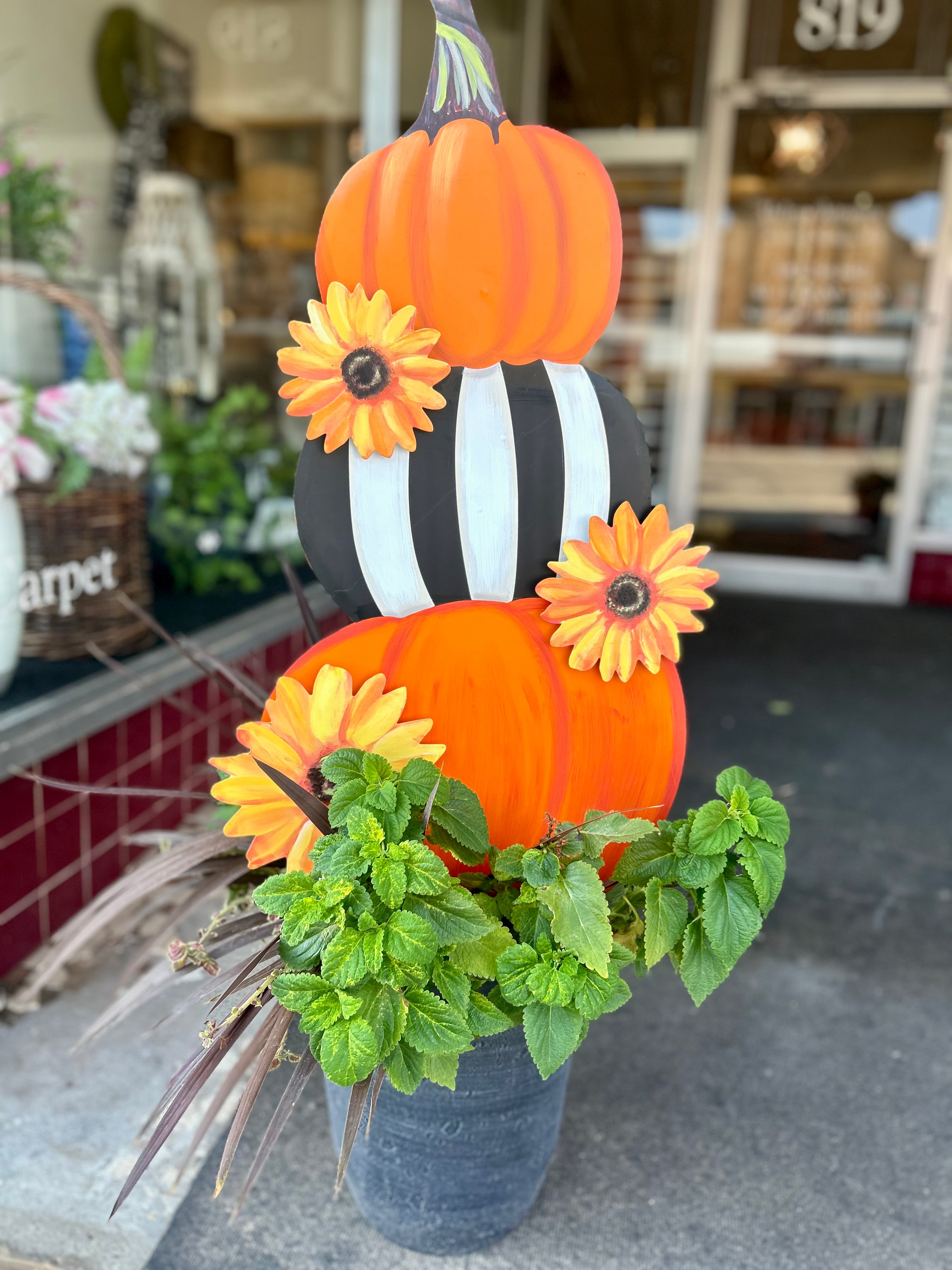 New! Pumpkin Topiary Stack Sunflower and Stripe Pattern Metal Stake with Easel