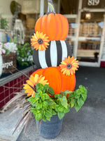 Load image into Gallery viewer, New! Pumpkin Topiary Stack Sunflower and Stripe Pattern Metal Stake with Easel
