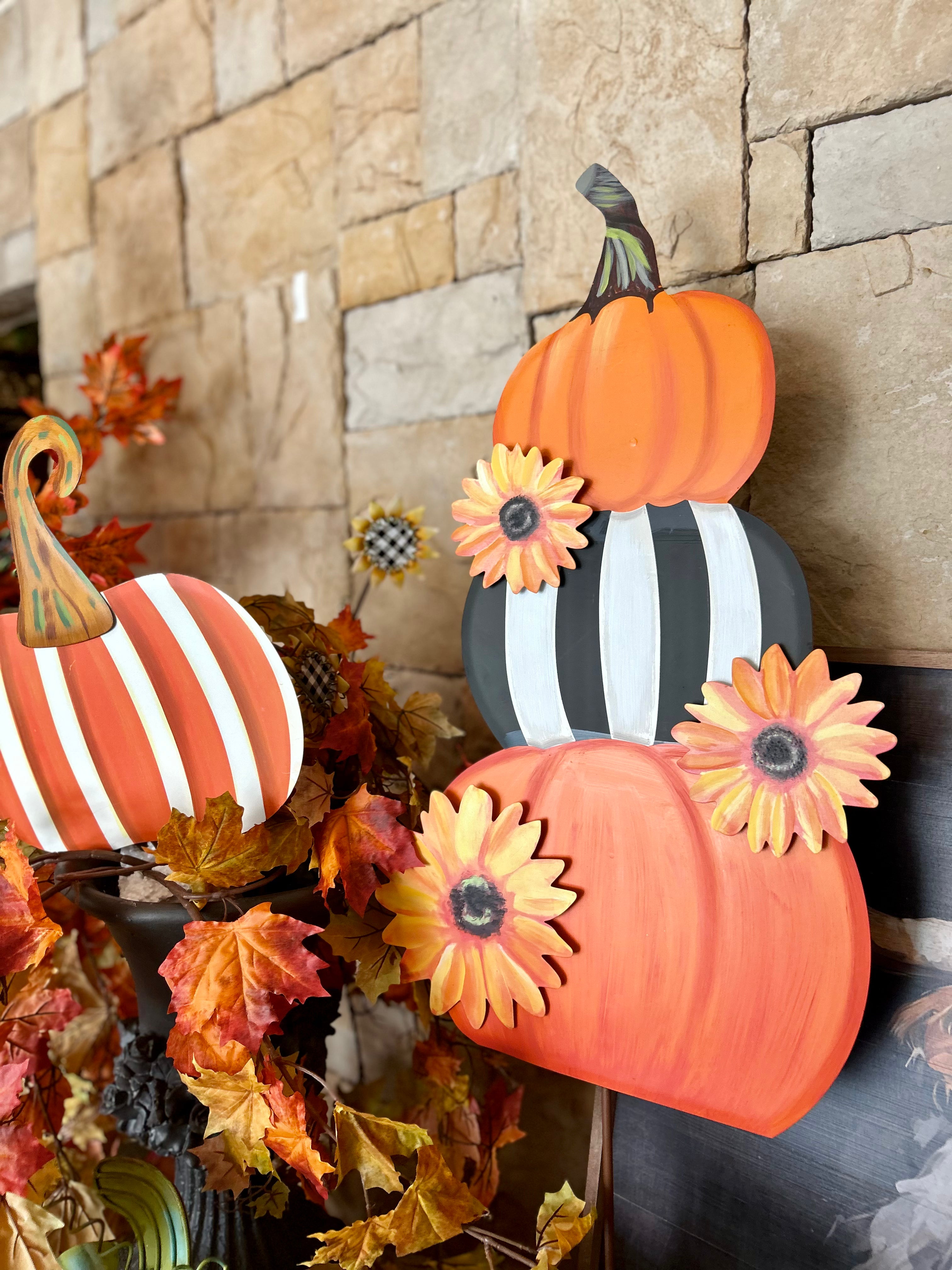 New! Pumpkin Topiary Stack Sunflower and Stripe Pattern Metal Stake with Easel