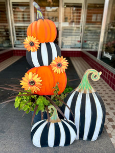 New! Pumpkin Topiary Stack Sunflower and Stripe Pattern Metal Stake with Easel