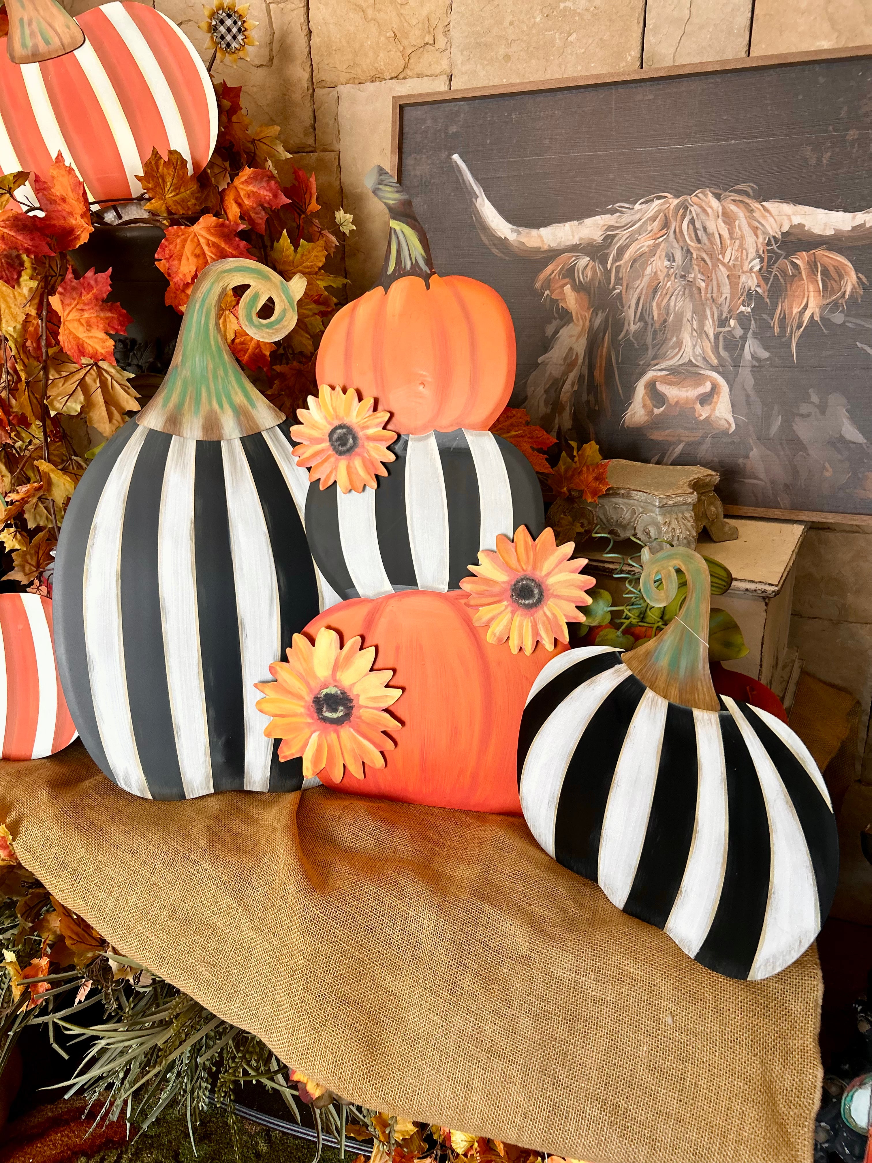 New! Pumpkin Topiary Stack Sunflower and Stripe Pattern Metal Stake with Easel