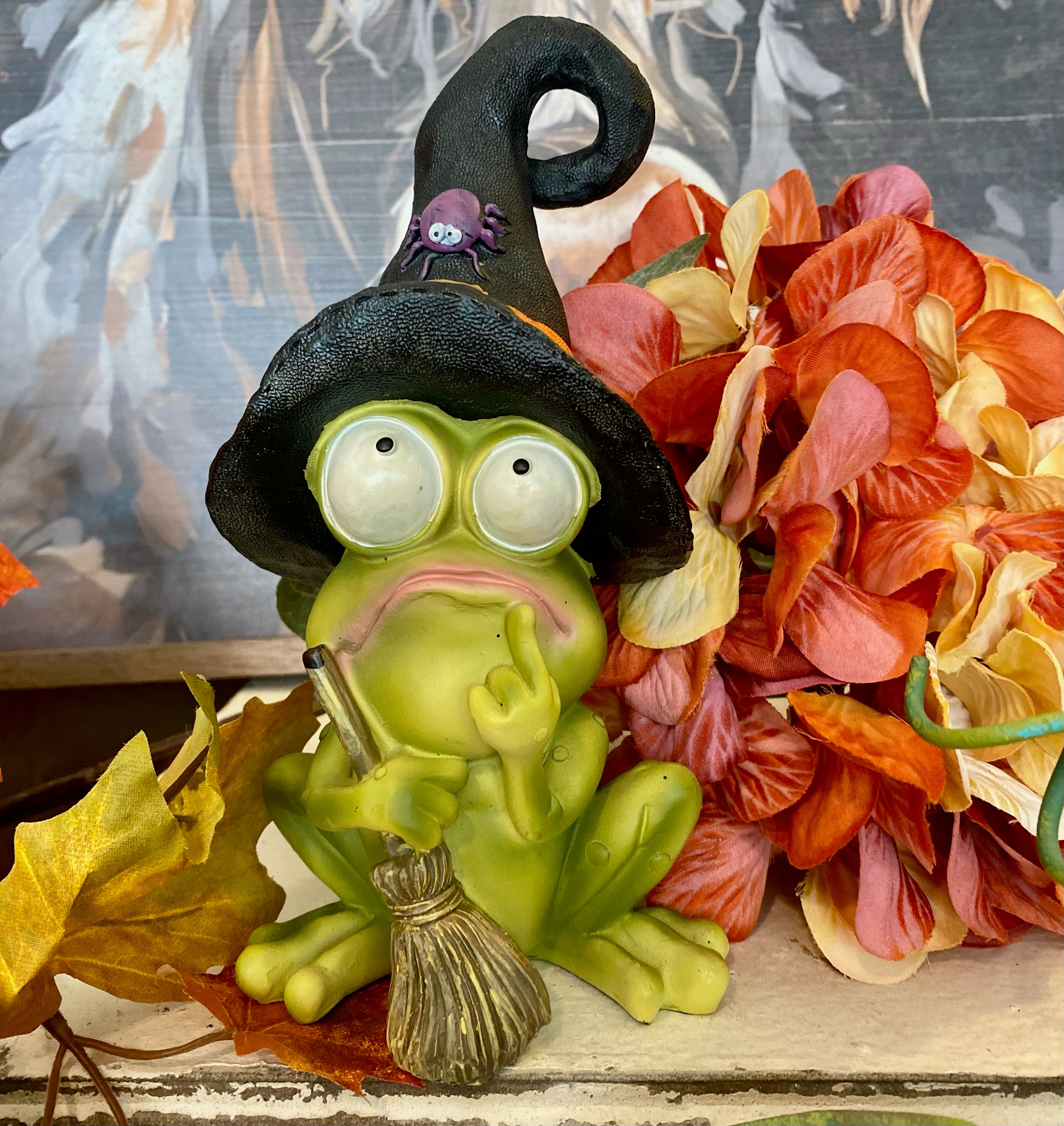 Phoebe the Frog with Black Witch Hat Spider and Holding Broom