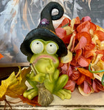 Load image into Gallery viewer, Phoebe the Frog with Black Witch Hat Spider and Holding Broom

