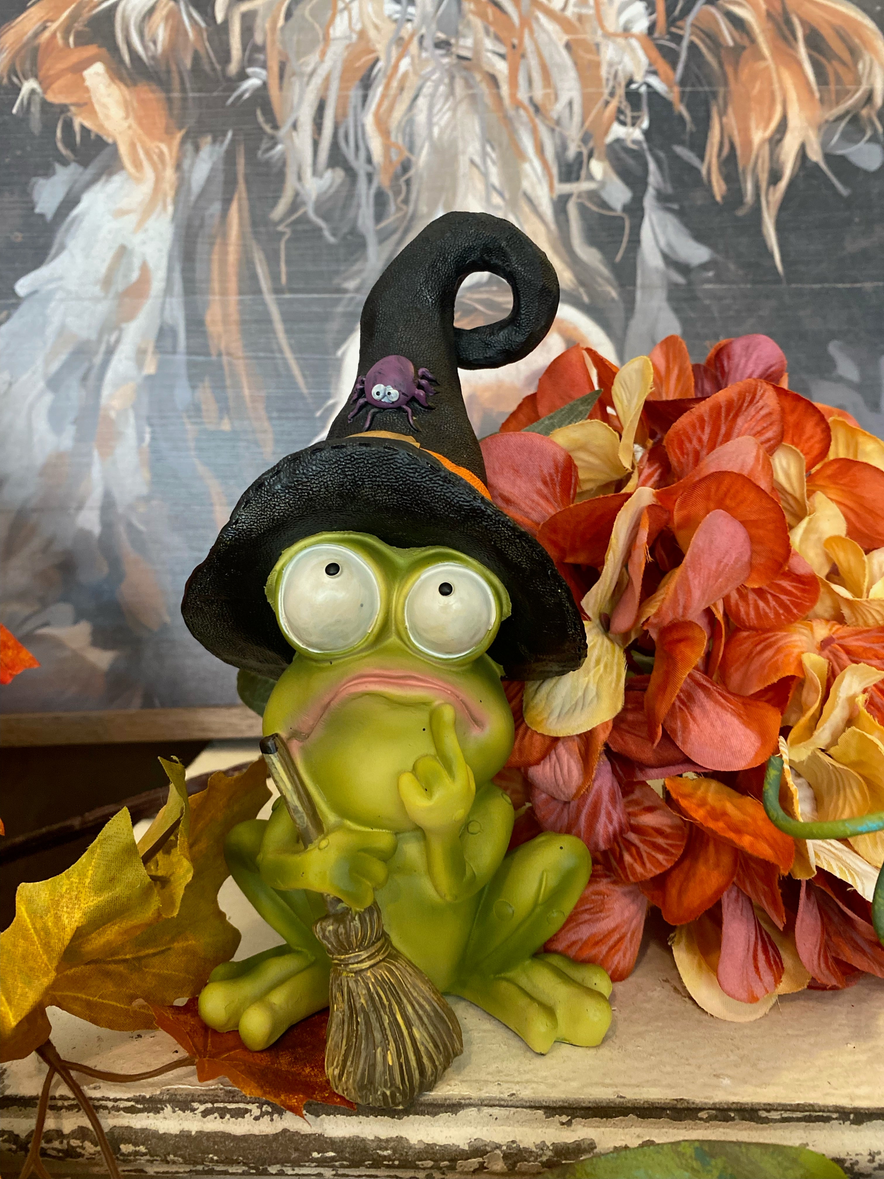 Phoebe the Frog with Black Witch Hat Spider and Holding Broom