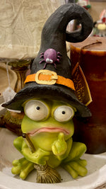 Load image into Gallery viewer, Phoebe the Frog with Black Witch Hat Spider and Holding Broom
