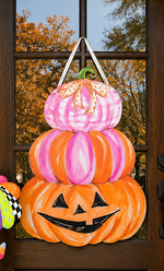 Load image into Gallery viewer, New! Fall Pink and Orange Whimsical Triple Pumpkin Stack Door Hanger
