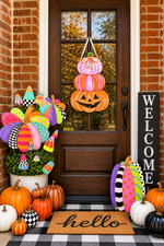 Load image into Gallery viewer, New! Fall Pink and Orange Whimsical Triple Pumpkin Stack Door Hanger
