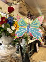 Load image into Gallery viewer, Fanciful Butterfly Aqua and Pink Metal Outdoor Stake
