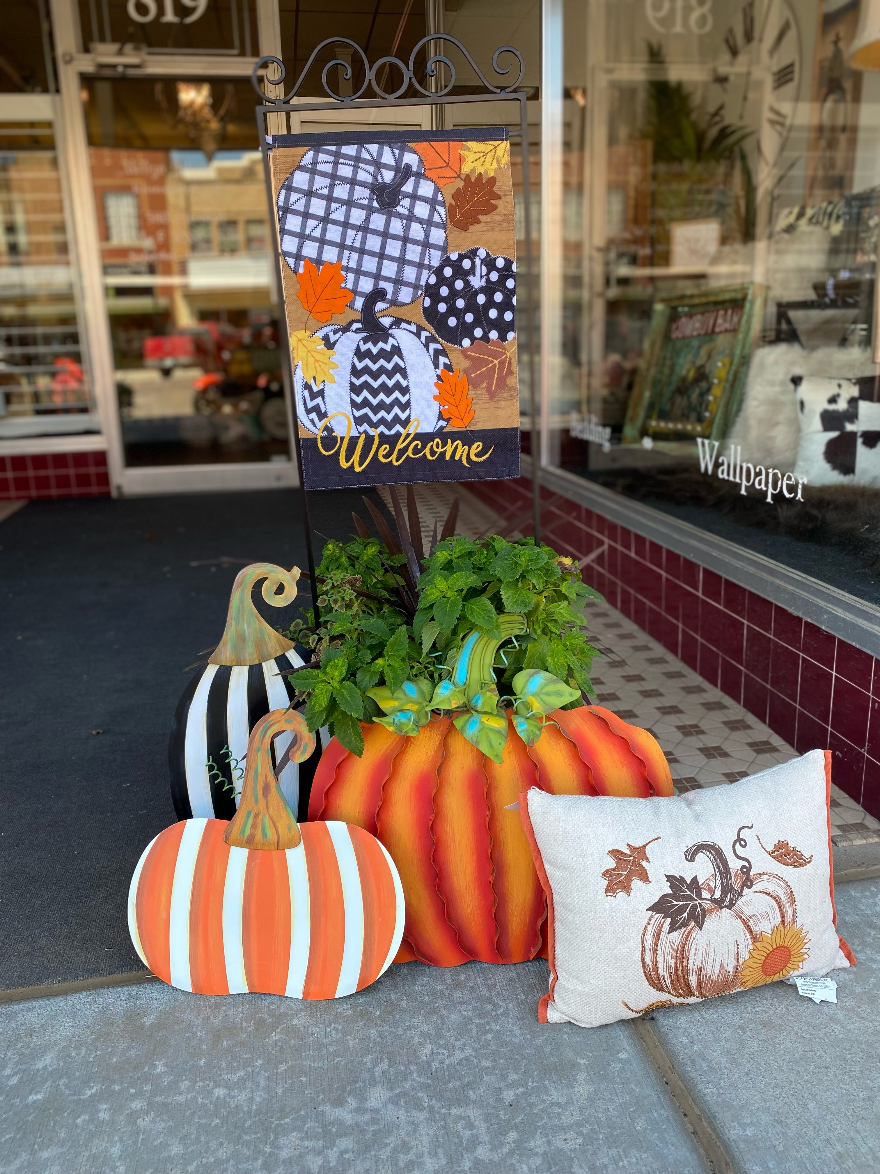 Fall Halloween Pumpkin Chevron, Polka Dot, Check Embroidered Flag with Leaf Patches Outdoor