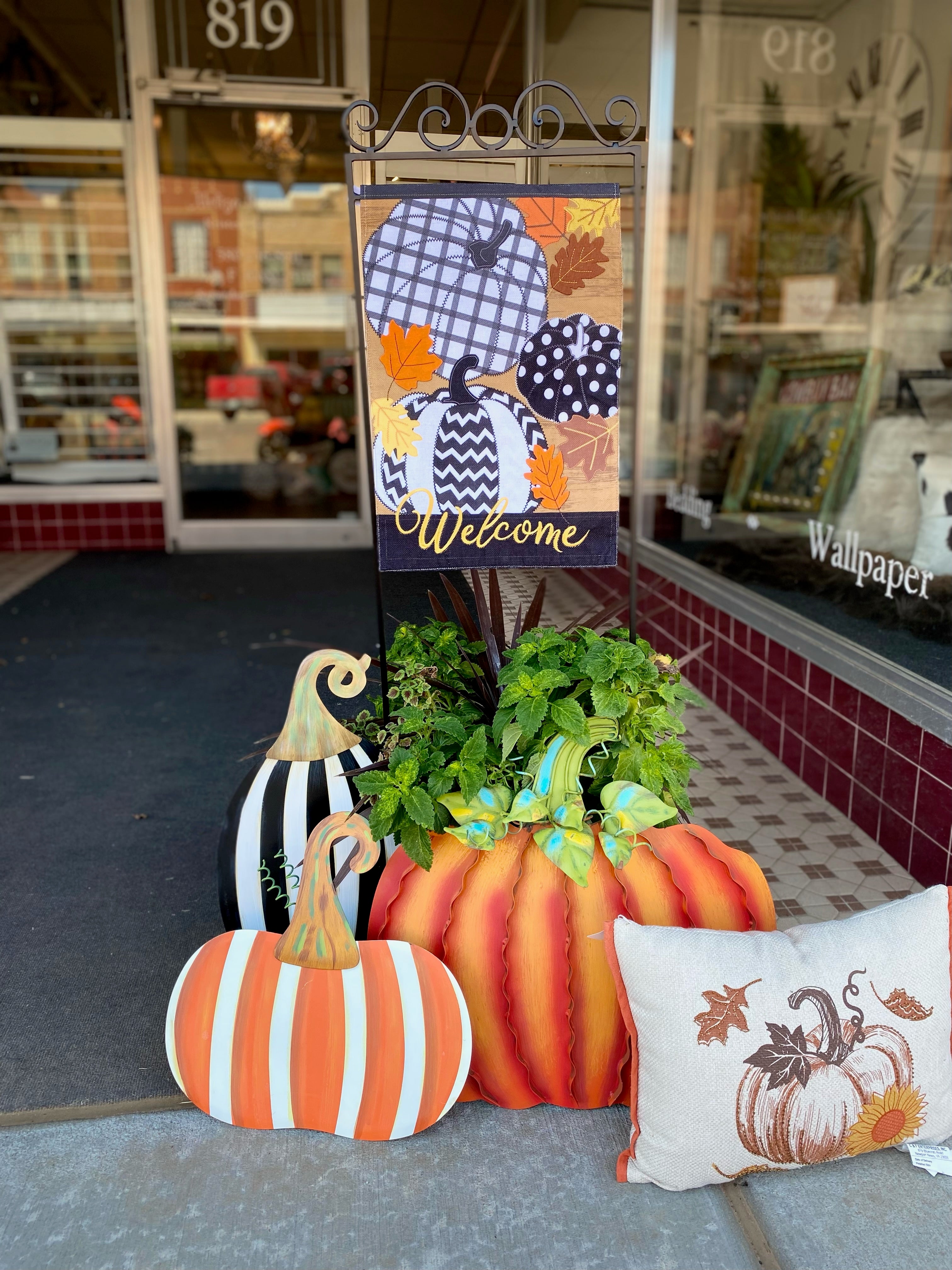 Fall Halloween Pumpkin Chevron, Polka Dot, Check Embroidered Flag with Leaf Patches Outdoor