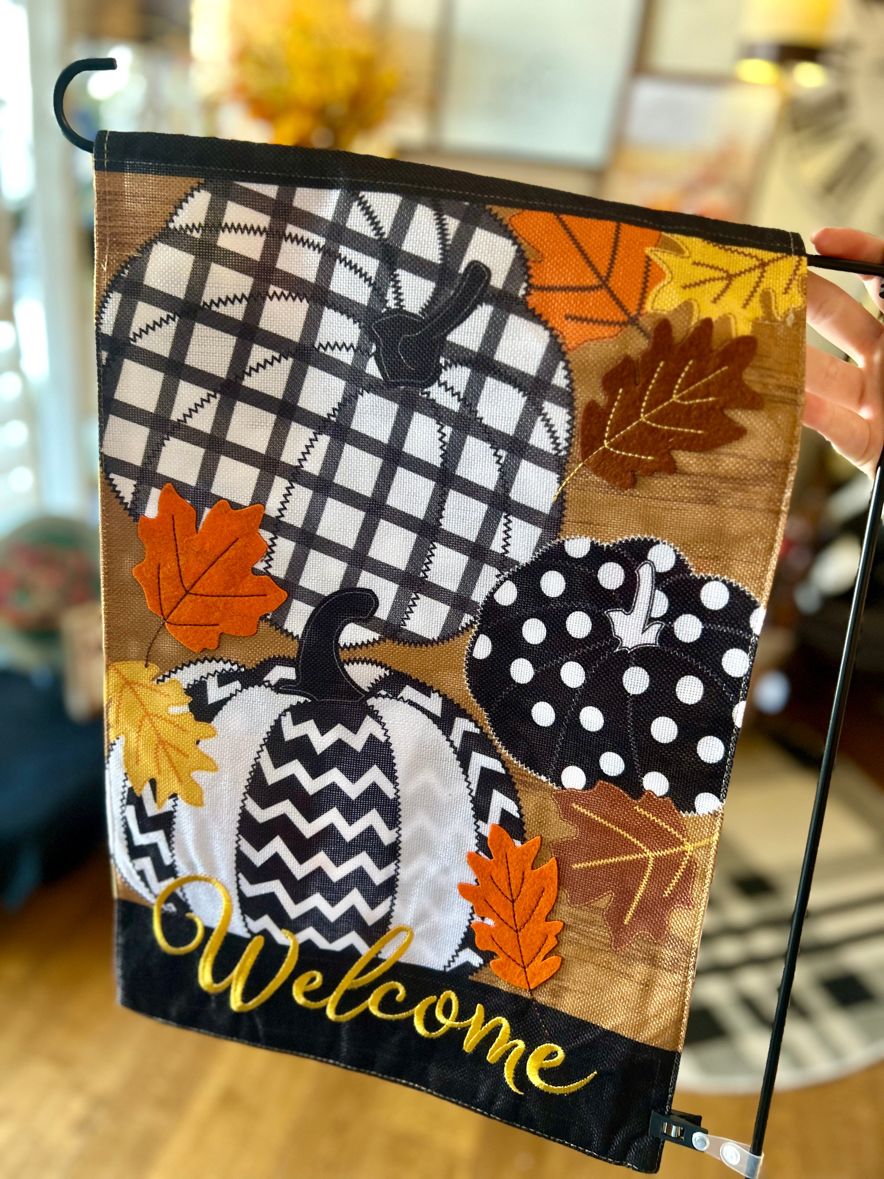 Fall Halloween Pumpkin Chevron, Polka Dot, Check Embroidered Flag with Leaf Patches Outdoor