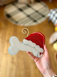 Dog Bone Santa Hat Metal Red & White Ornament