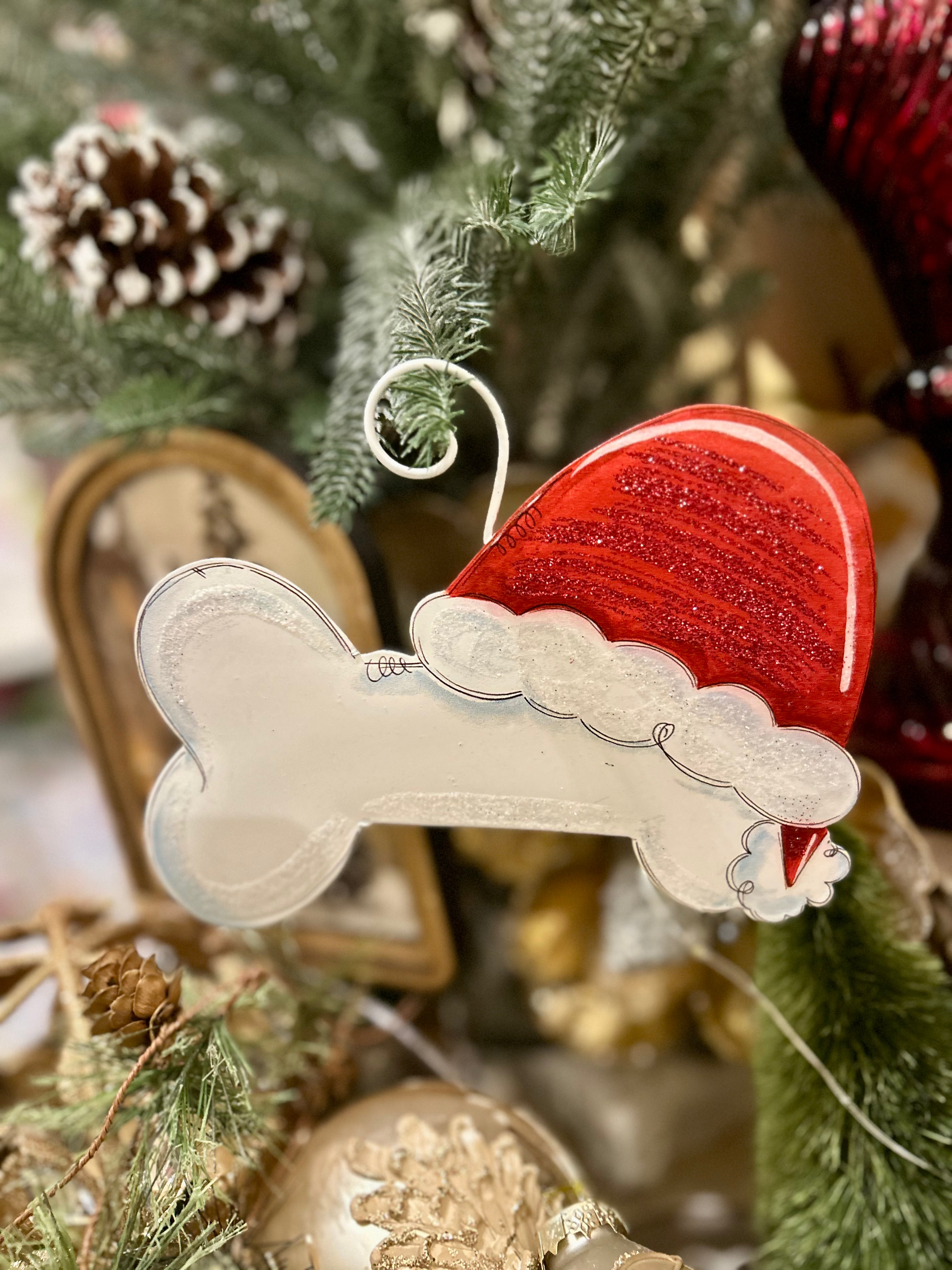 Dog Bone Santa Hat Metal Red & White Ornament