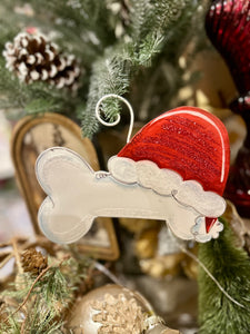 Dog Bone Santa Hat Metal Red & White Ornament