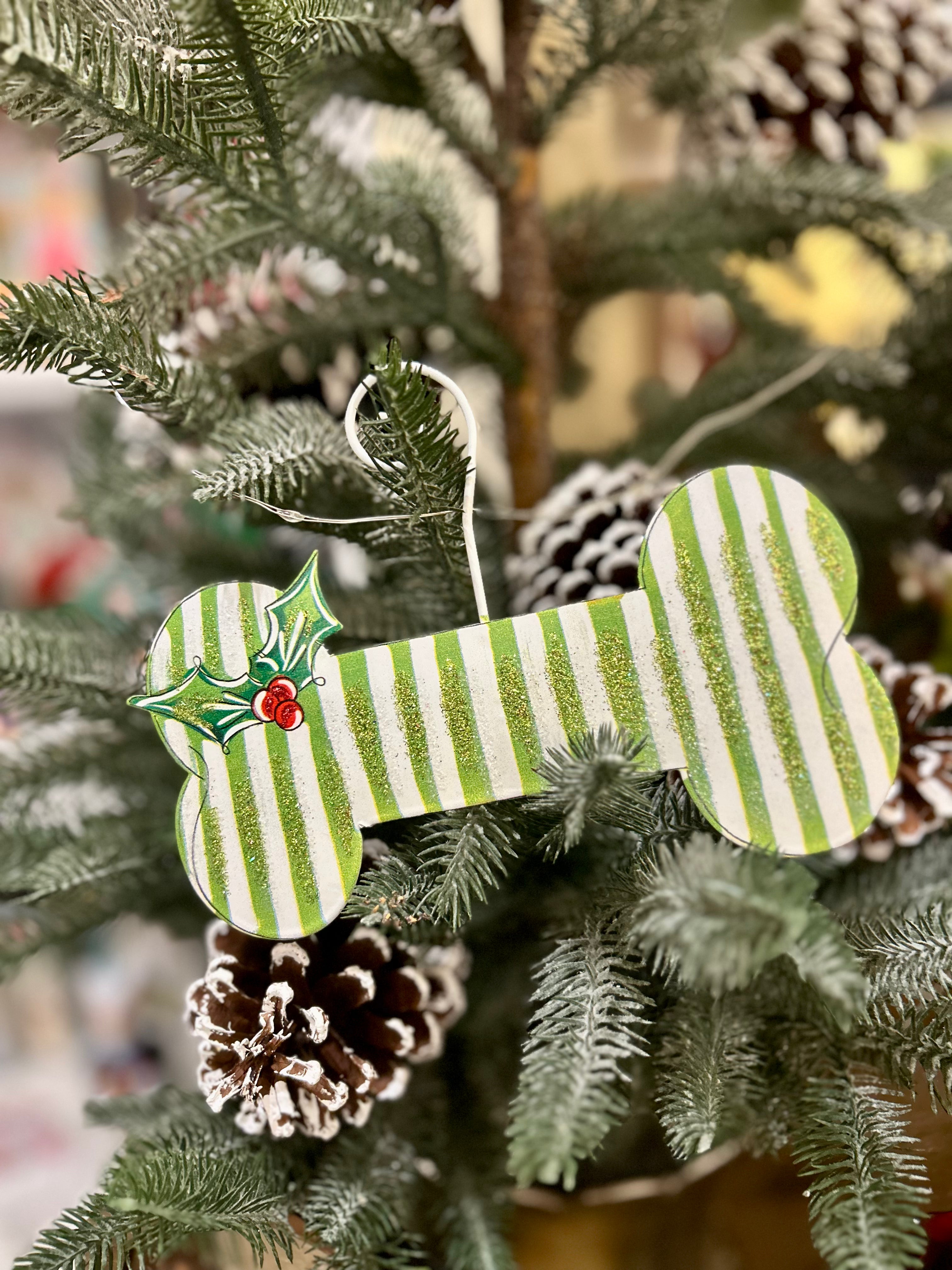 Dog Bone Stripe Metal Green & White Ornament