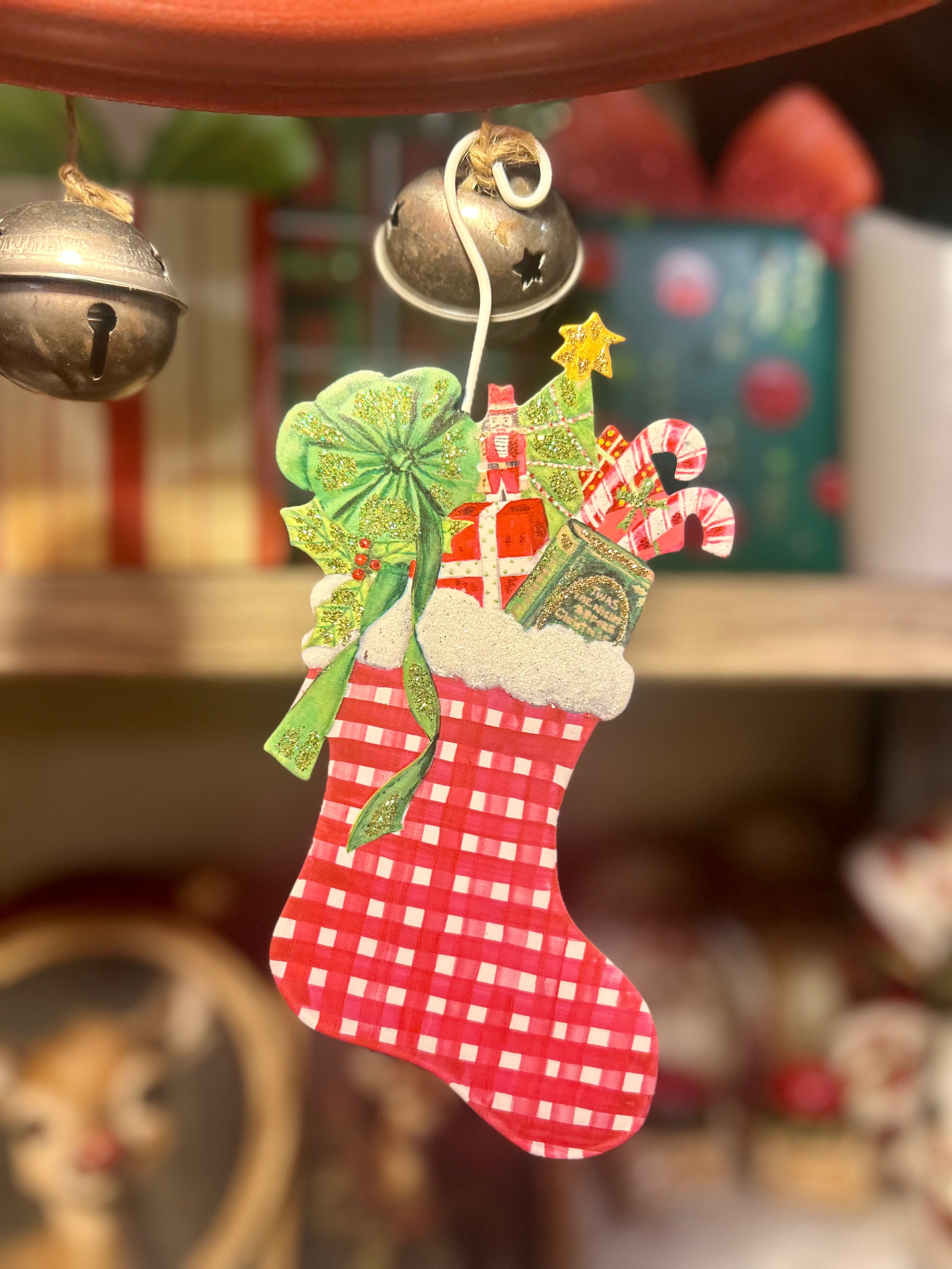 Gingham Santa and Stocking Metal Ornaments