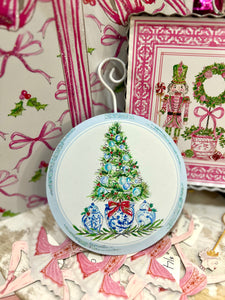 Blue & White Round Ornament with Christmas Tree